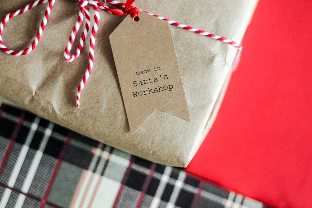 A wrapped gift with a label that reads 'made in Santa's Workshop.'