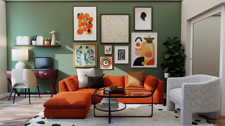 A comfortable living room furnished with rental furniture.