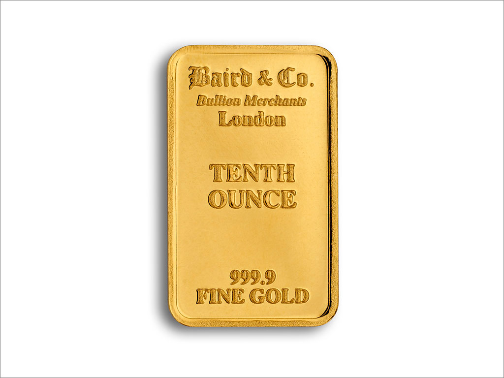 A 1/10-ounce gold minted bar from Baird & Co. Bullion Merchants