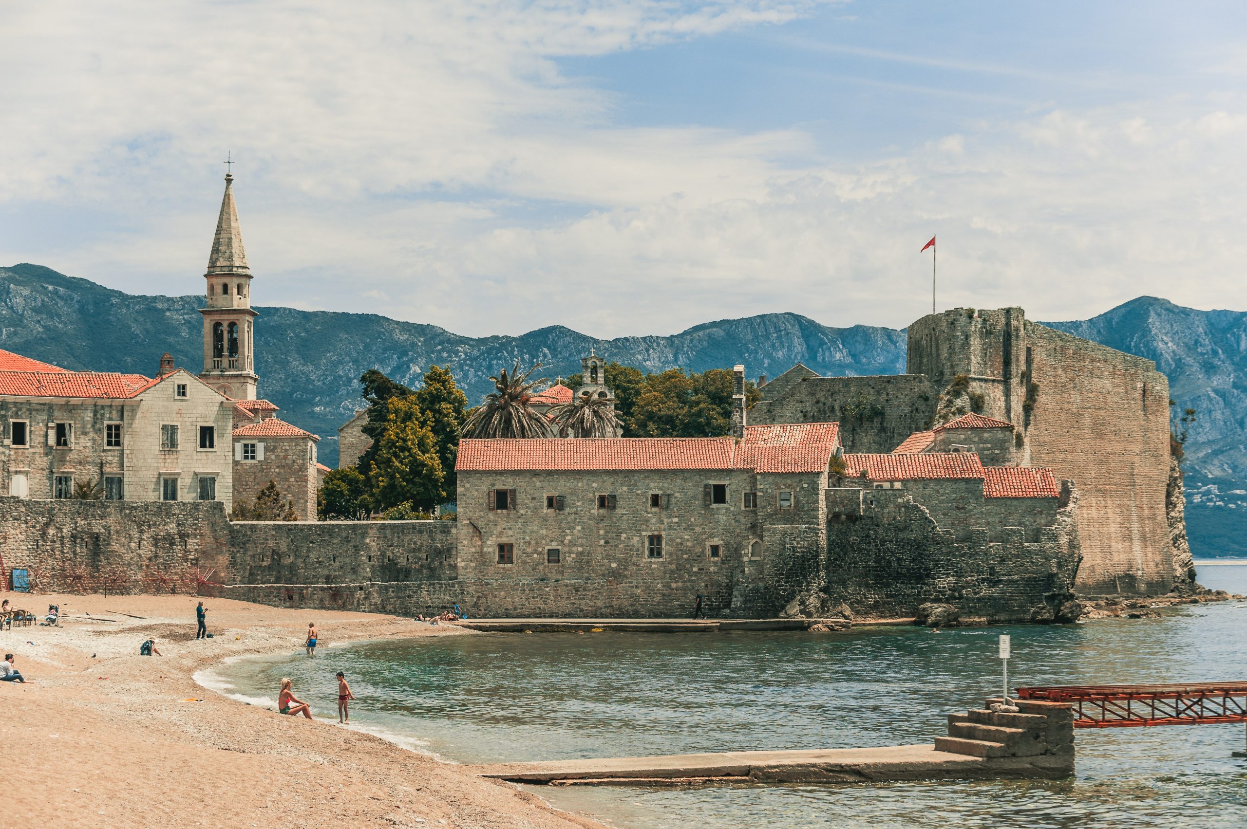 The tranquil beach of Budva on the Montenegrin Coast.