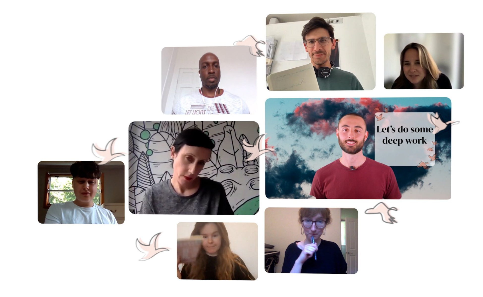 A snapshot of Flocks employees in a virtual co-working group.