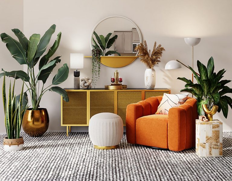 A living room with a brown and earthy colour scheme.