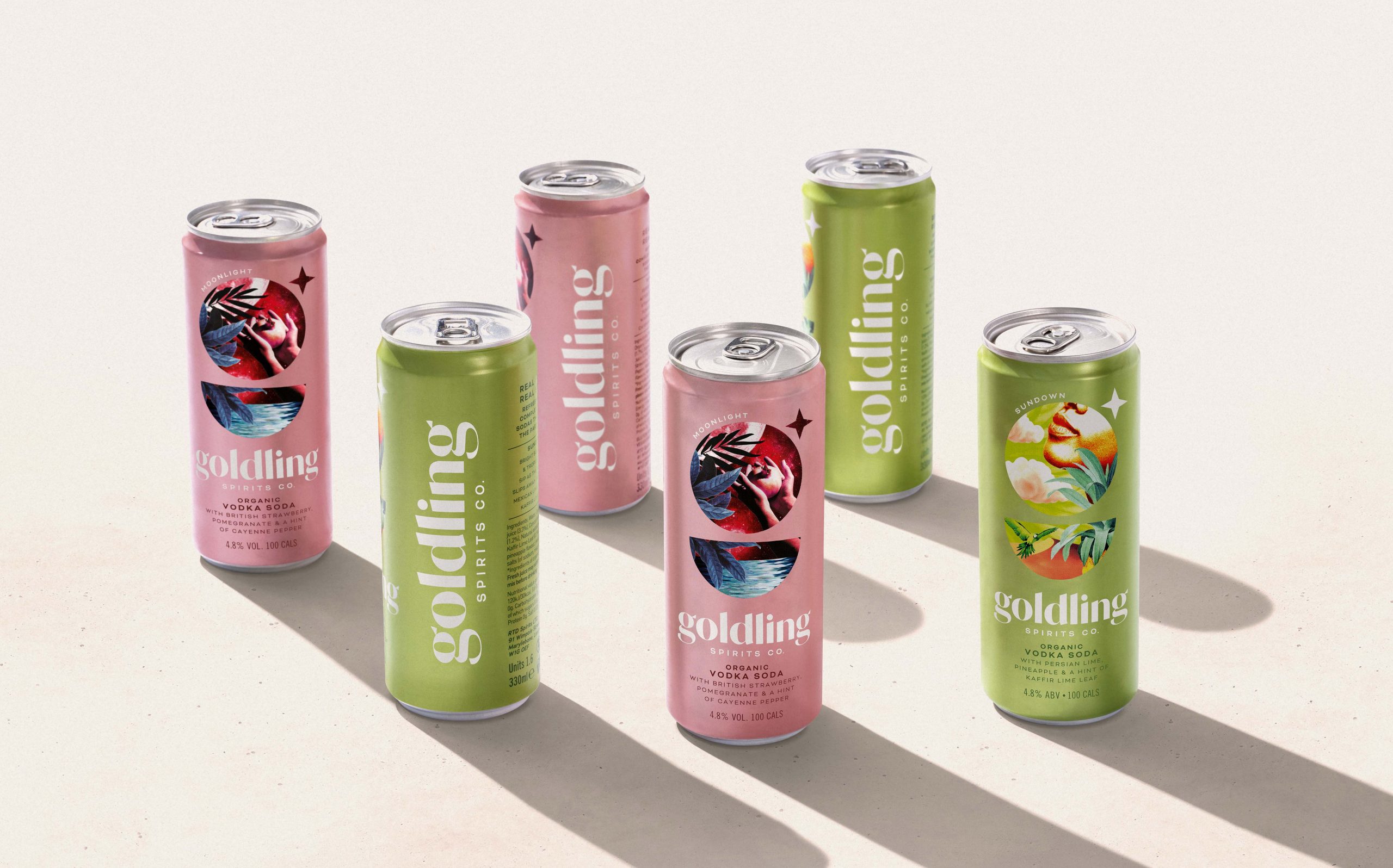A selection of Golding Spirits Company's canned cocktails against a white backdrop.