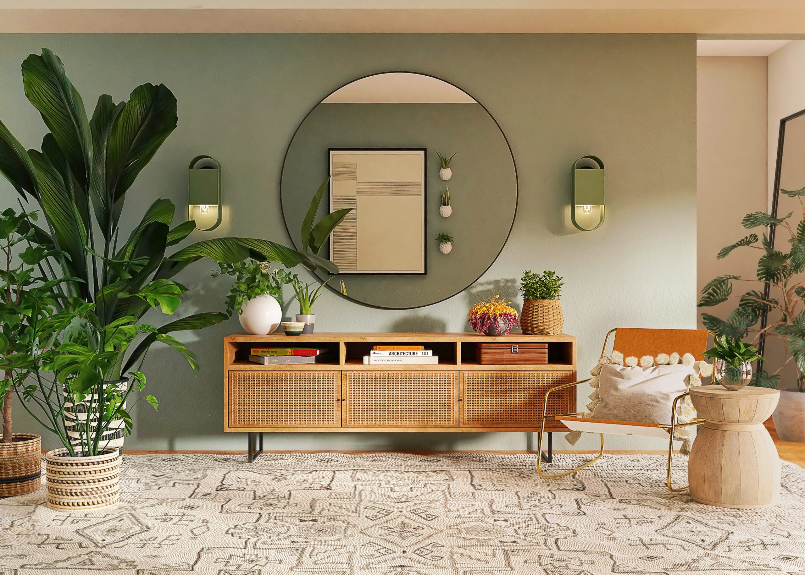 An airy living room with pale green walls, a large circular mirror, and plants of all sizes on the surfaces and walls.
