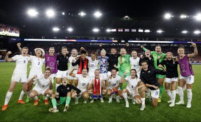 The winners of the UEFA Women's Euro 2022 Semi Final match posing for a picture.