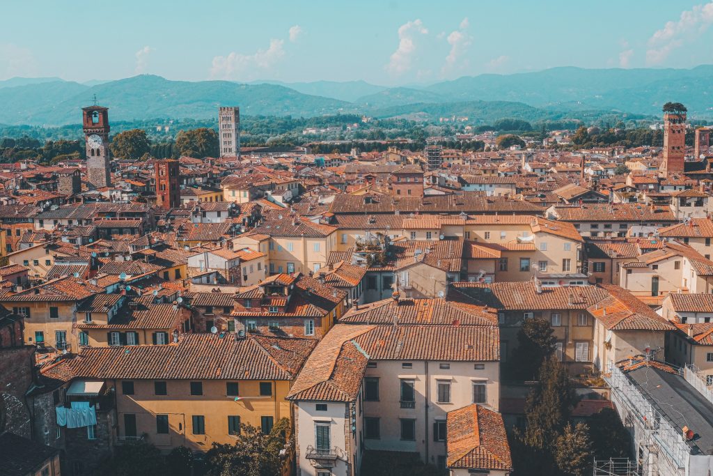 A horizon of terracotta rooftops, Lucca, Tuscany.