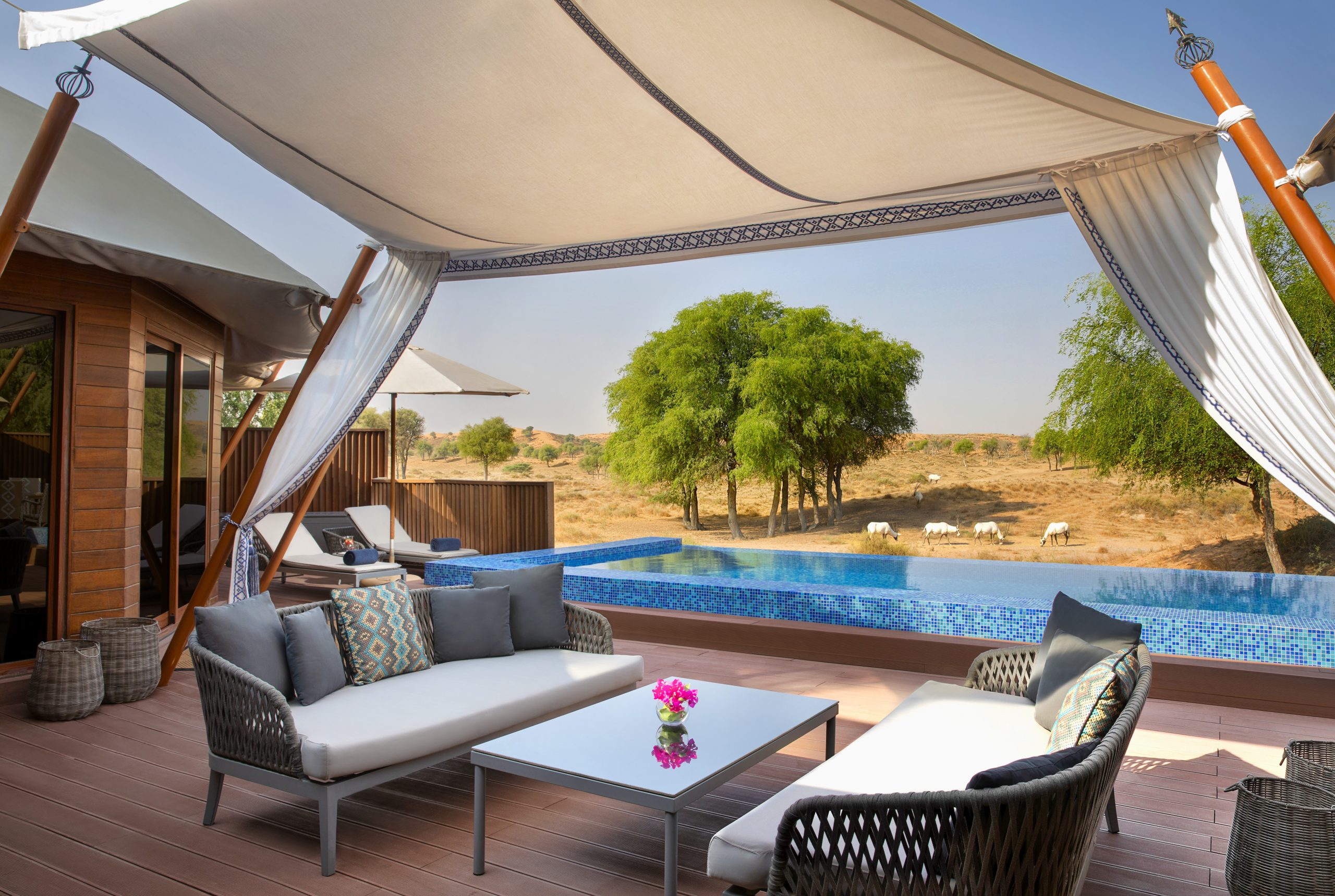 From the porch of the Al Sarab Desert Villa, gazelles can be seen grazing in the hills.