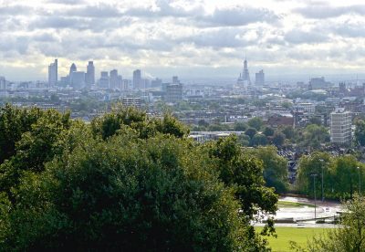 The panoramic view of London from Hampstead Heath.