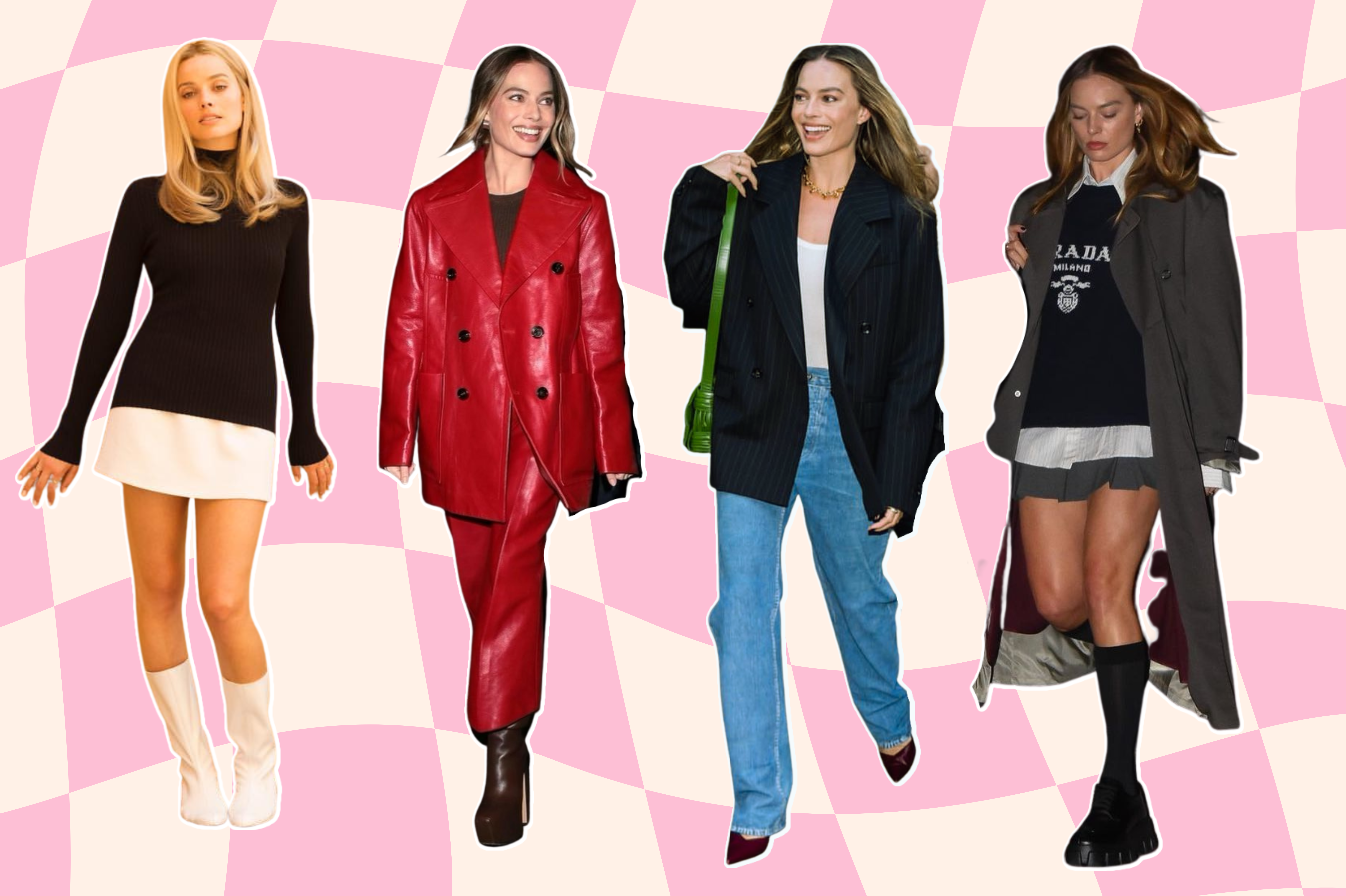 Four cut-outs of Margot Robbie dressed stylishly in four different outfits offset against a zany pale pink and white background.