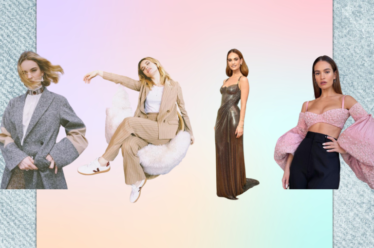 An illustration of Lily James in 4 different outfits against a pastel-coloured background.