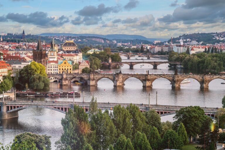 Aerial view of the bridges of Prague in the morning light.