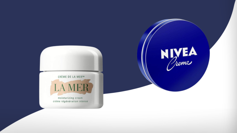 La Mer Creme and Nivea Creme in front of a white and blue background