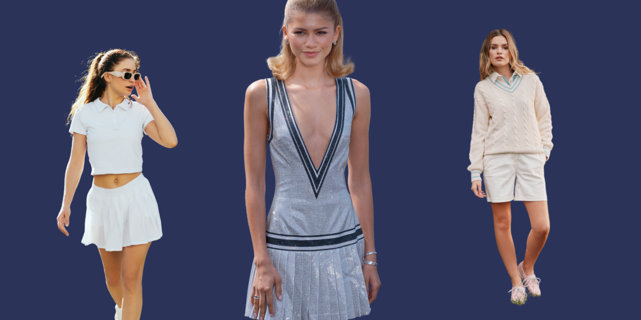 A cut out of three women with a blue background. In the middle is Zendaya with models either side wearing tennis inspired outfits
