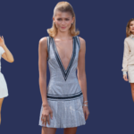 A cut out of three women with a blue background. In the middle is Zendaya with models either side wearing tennis inspired outfits