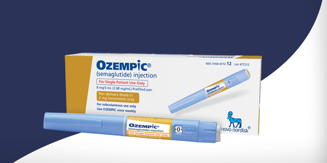 Vial of Ozempic against blue and white background