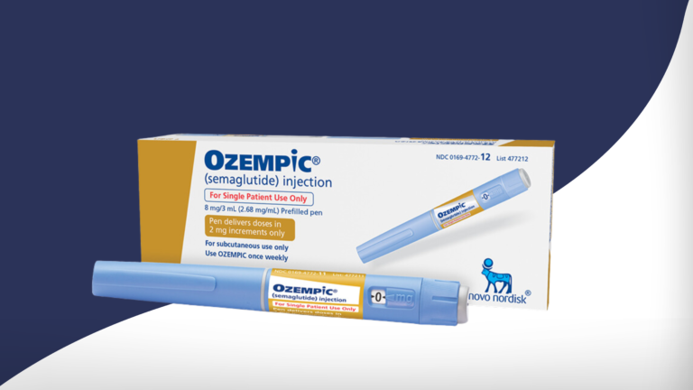 Vial of Ozempic against blue and white background