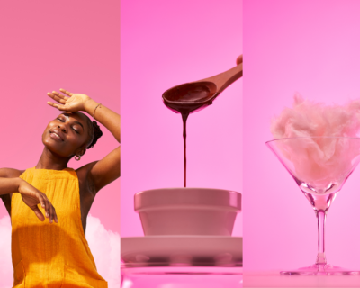 Hot chocolate scrub and girl getting a massage on pink background