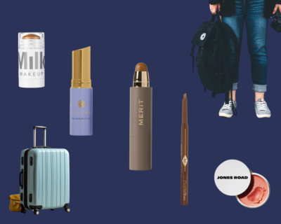 Collage of five solid beauty products and cut outs of woman with bag and a suitcase
