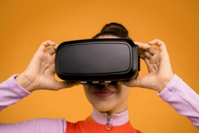 close up of a woman's face wearing a VR headset