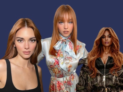 Three celebrities with copper hair against a blue background: Kendall Jenner, Sydney Sweeney and Ciara