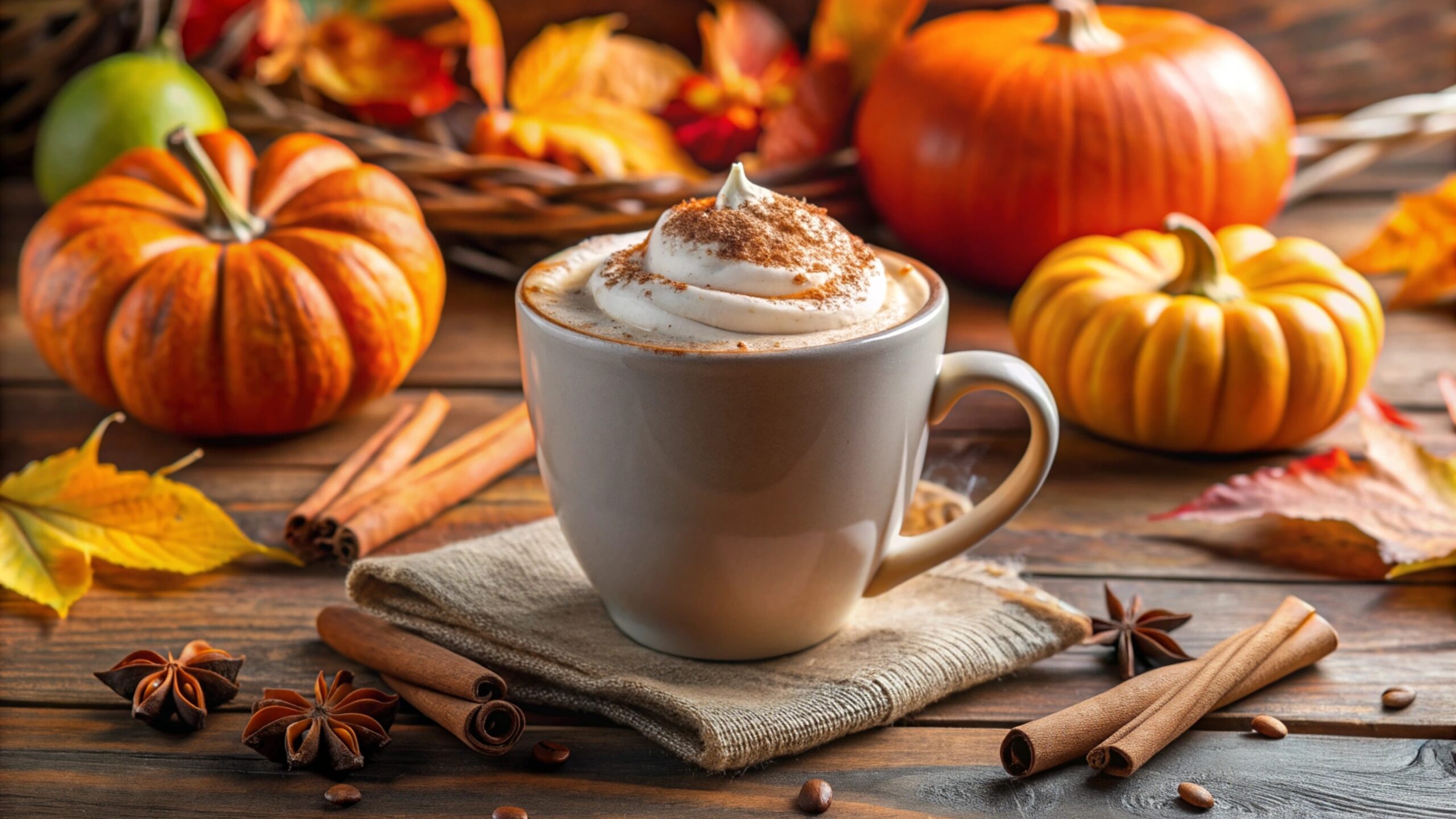 A mug of pumpkin spice latte topped with whipped cream.