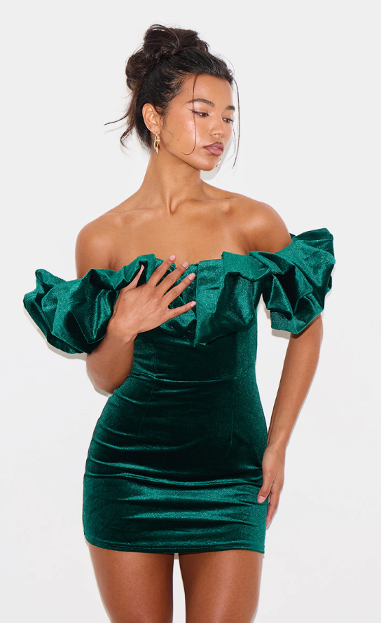 Emerald Green Velvet Bardot Ruffle Bodycon Dress