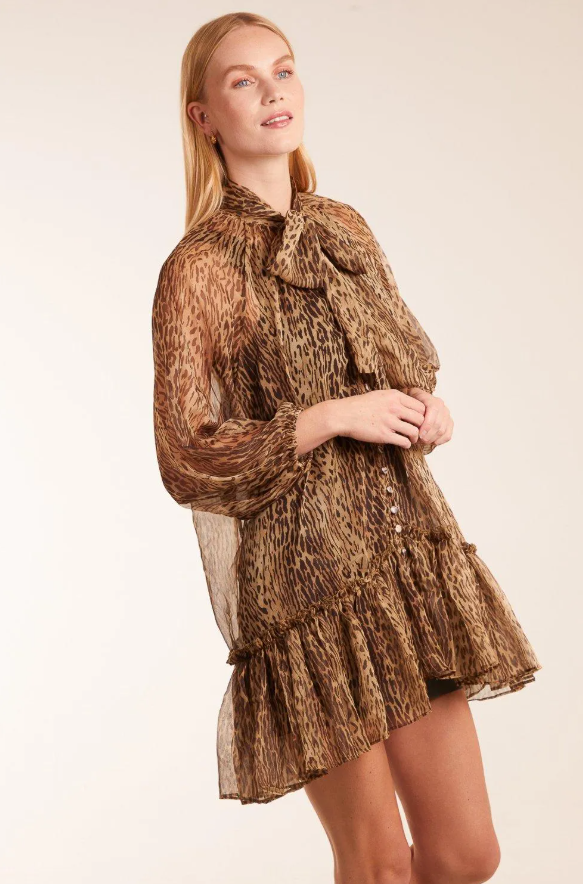 Leopard Print Pussy Bow Frill Shirt Dress