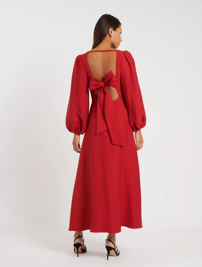 Red Puff Sleeve Zola Midi Dress