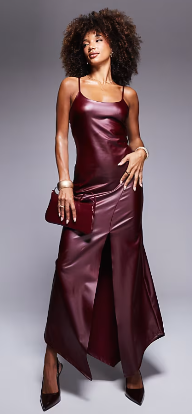 Faux Leather Cami Midi Dress in Wine — Asos Design