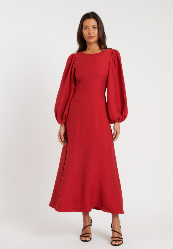 Red Puff Sleeve Zola Midi Dress