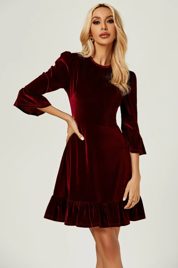 Velvet Frill Detail Mini Dress