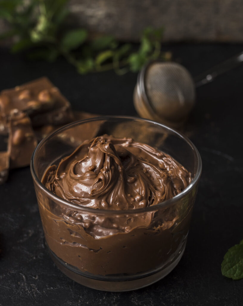 Close up of a vegan chocolate mousse made with avocado