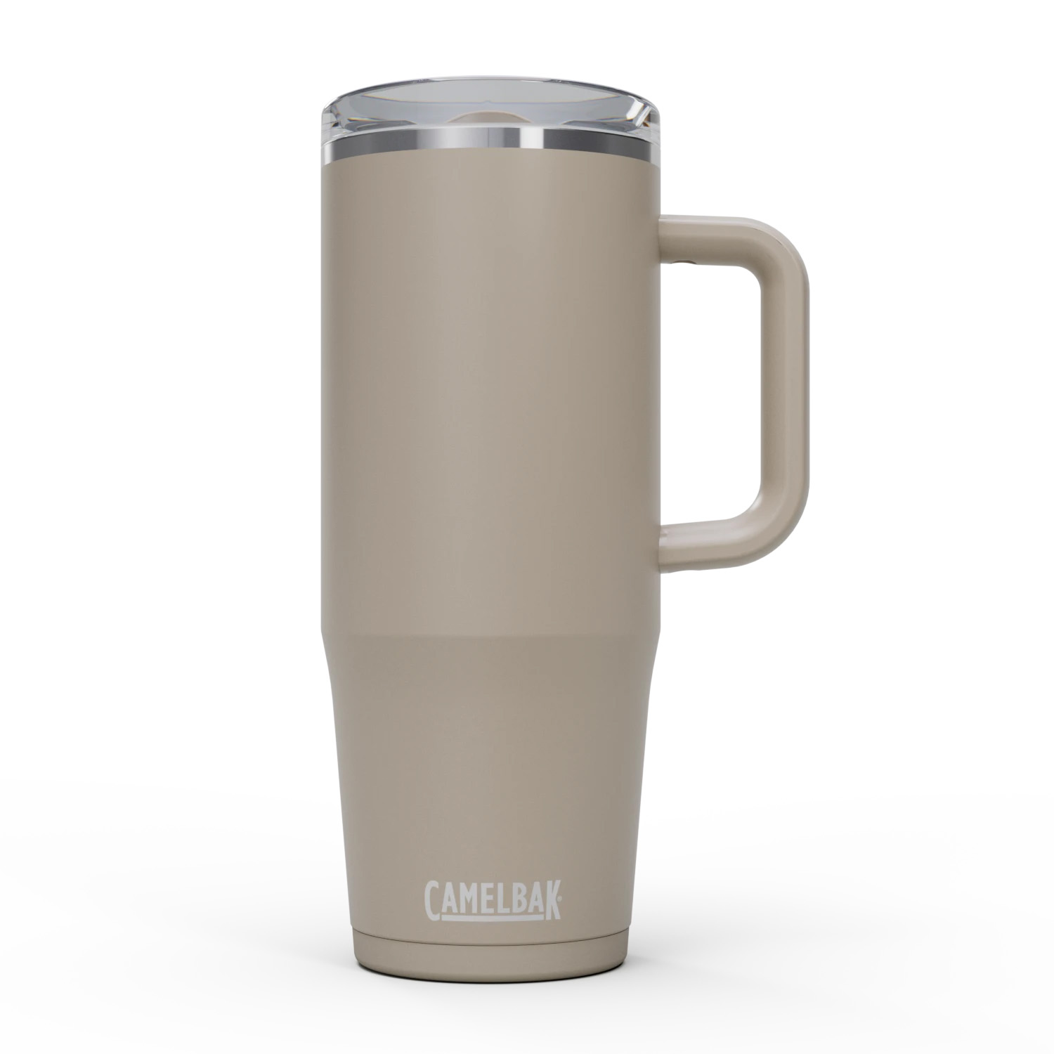 A large beige travel cup