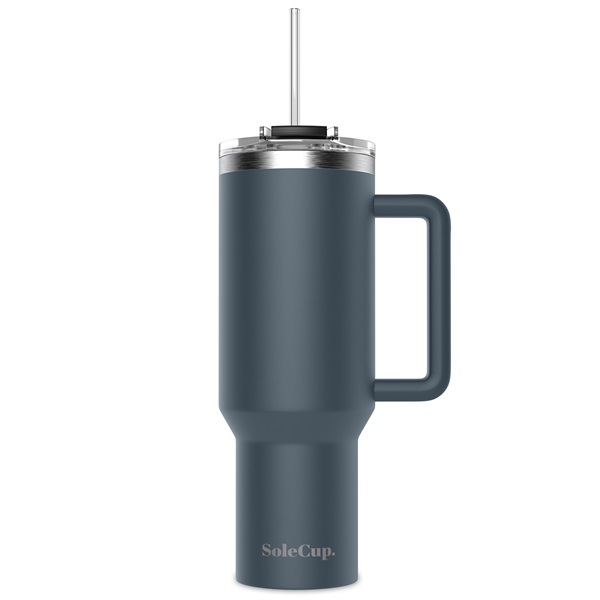 A charcoal travel cup with straw.