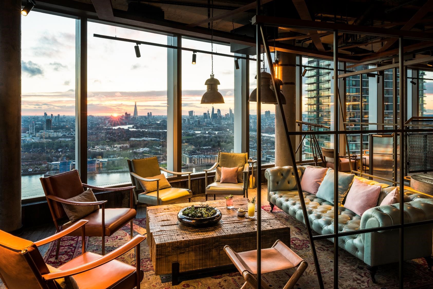 Bar lounge with views of London's skyline sunset