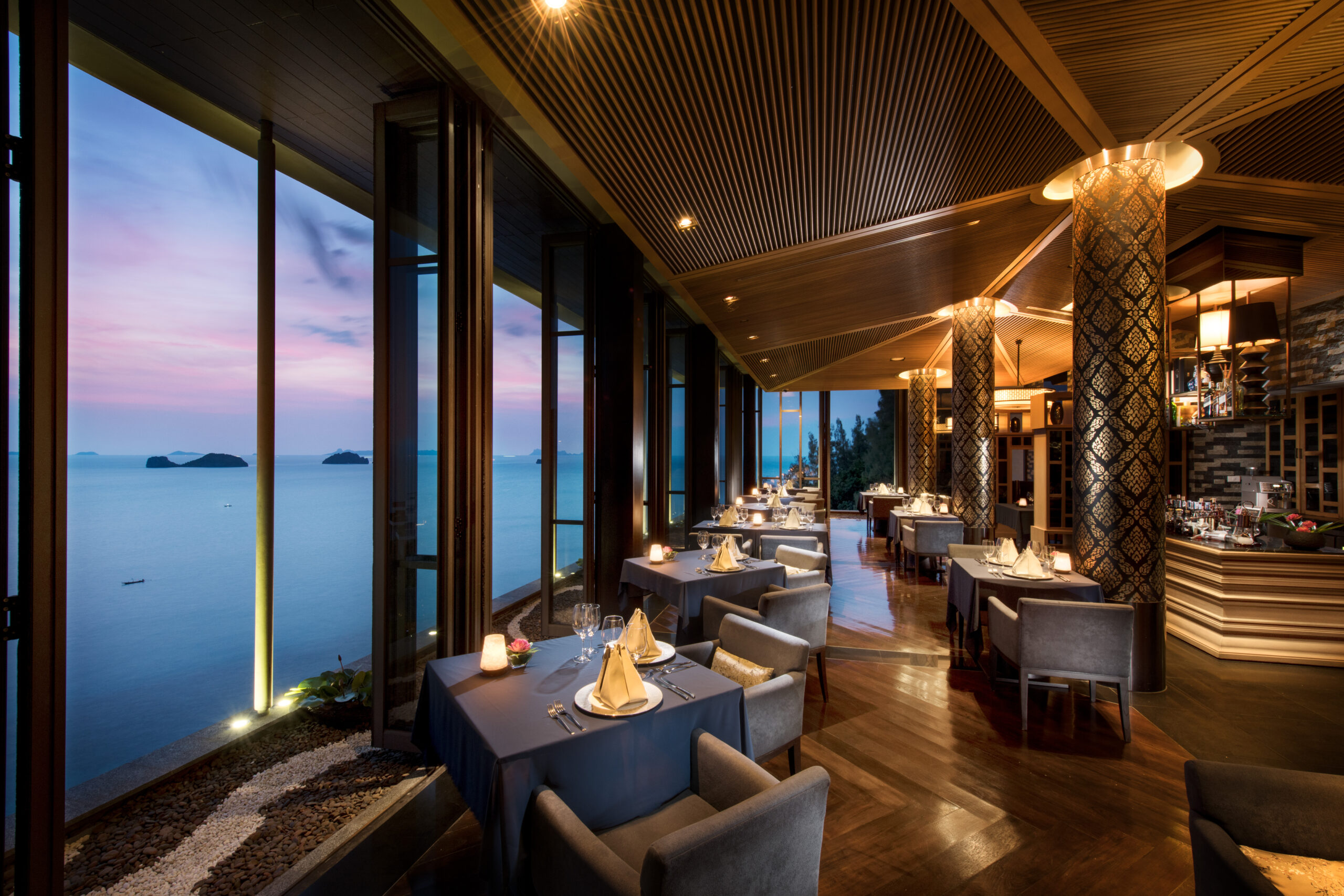 restaurant with sea and sunset views