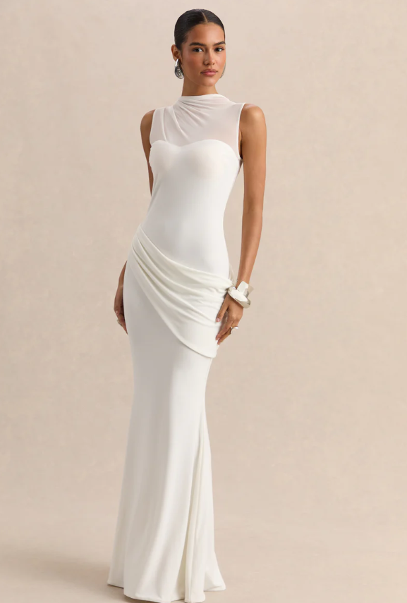 Lyssy White High-Neck Maxi Dress With Mesh-Detail