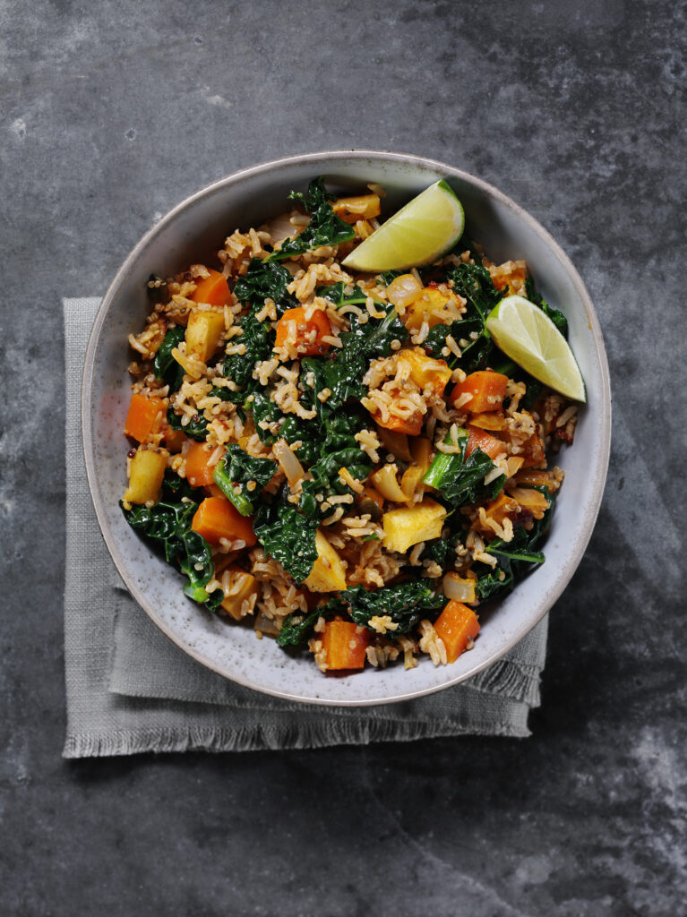 Bowl with grains rice and veg and lime