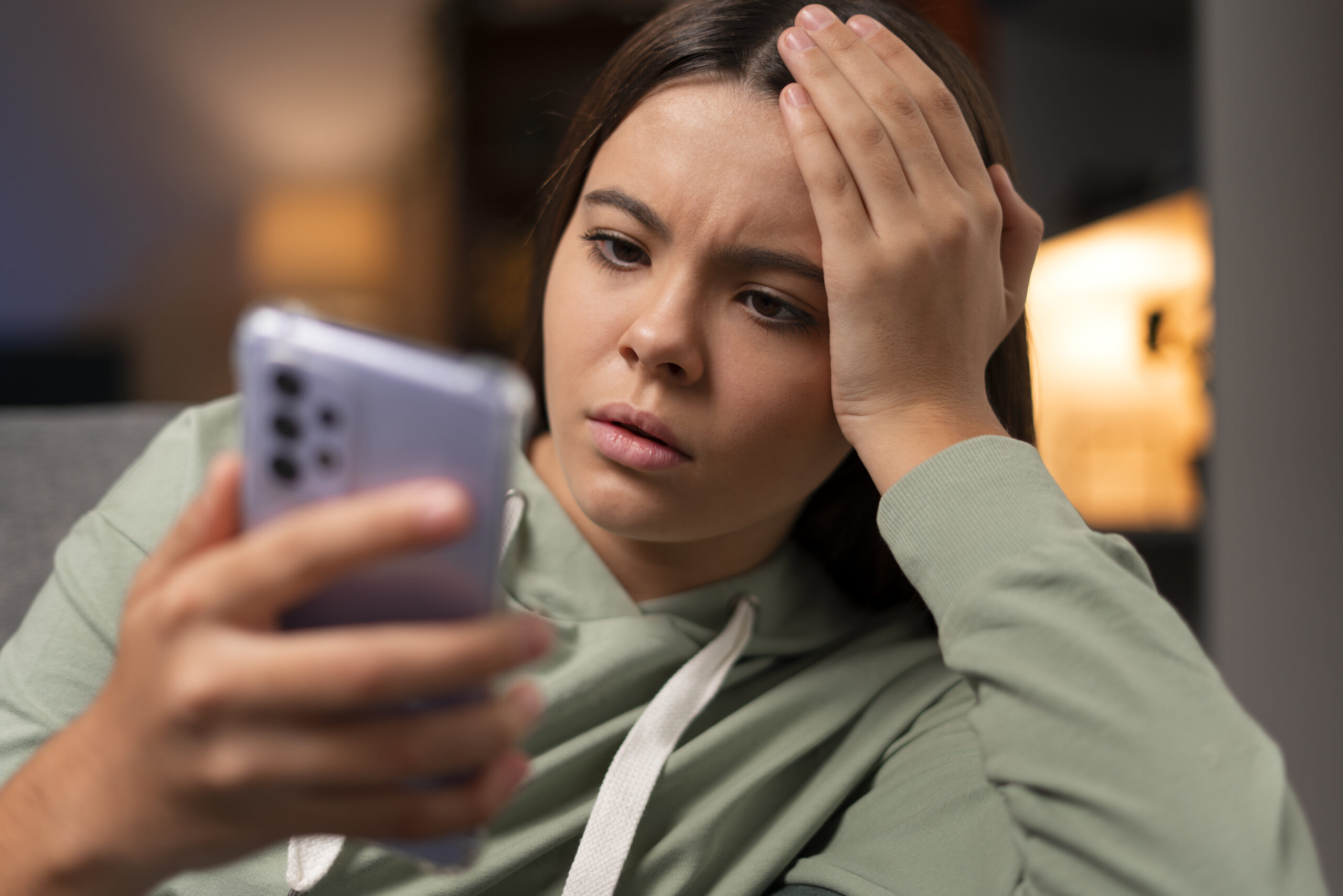 Woman shocked at her phone