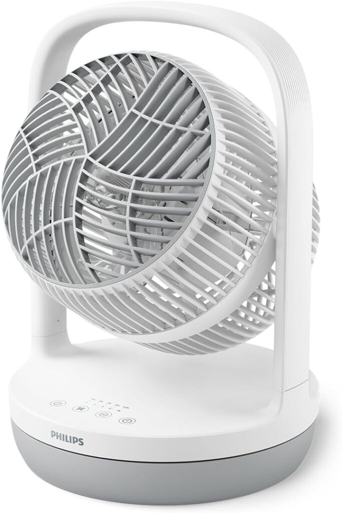 Philips white table fan with arch overhead