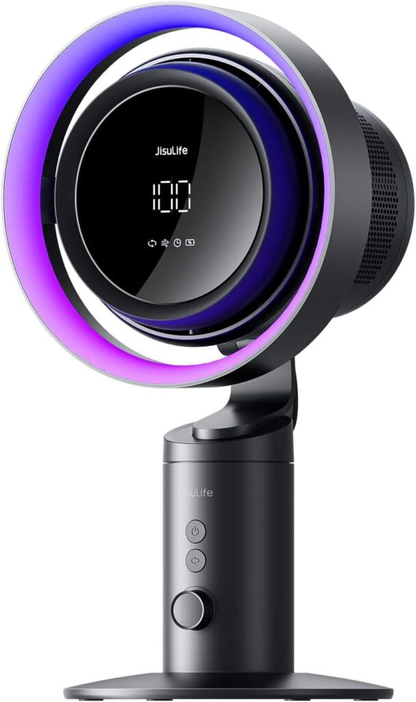 black cylindrical stand with buttons and round fan on top with purple lighting and setting display on 100