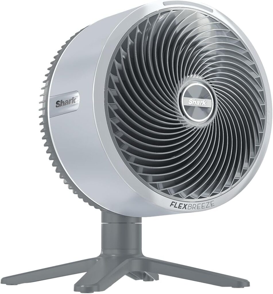 three prong stand with round table fan on top with Shark logo inside and text that says FlexBreeze across the bottom