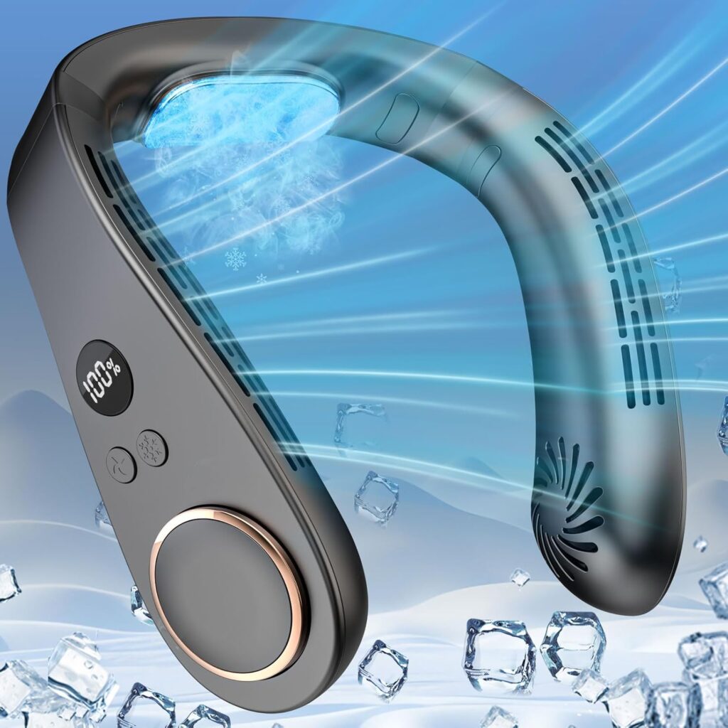 blue white ombre background with ice cube renderings at bottom and in front a grey black headphone shaped wearable neck fitted device depicting icey air protruding from the top