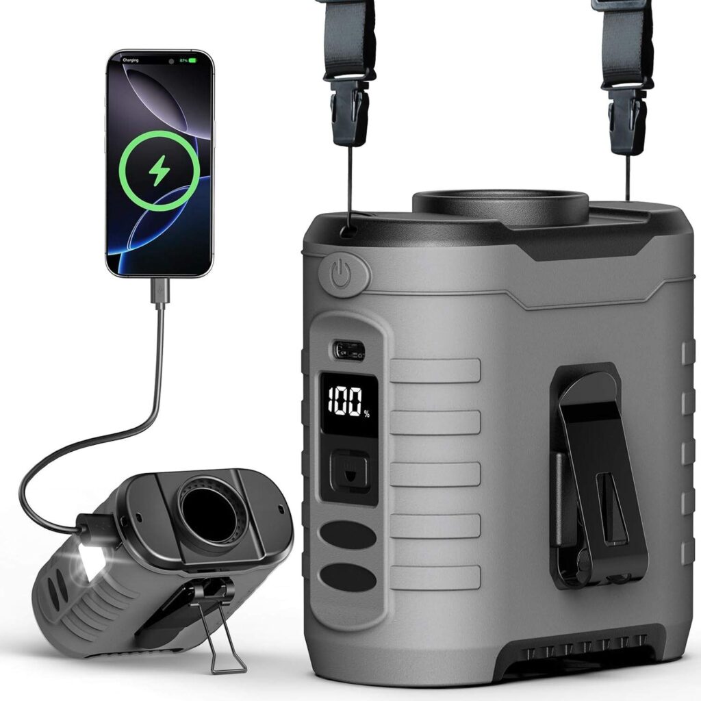 small portable clip waist grey and black with wire connected to phone and on right, larger side on diagonal version of the same fan with screen showing charge at 100 and connected to straps
