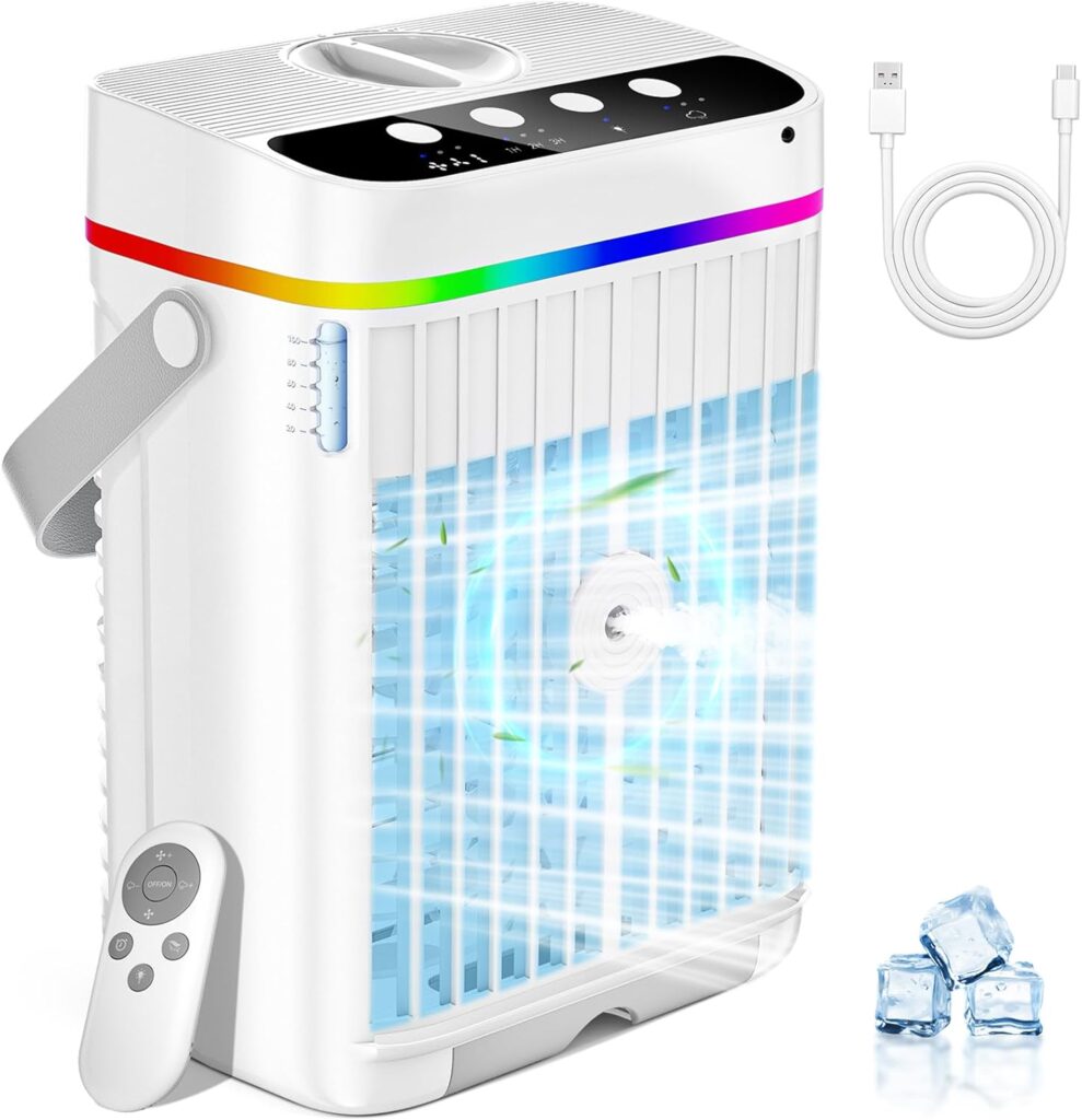 image rendering of upright rectangular cooling fan with remote control and plug in wires and ice cube images at the bottom right
