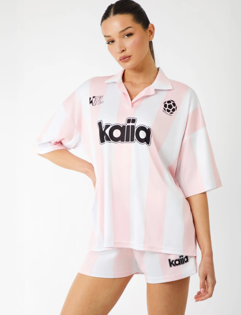 Kaiia collared oversized football shirt, pink stripe