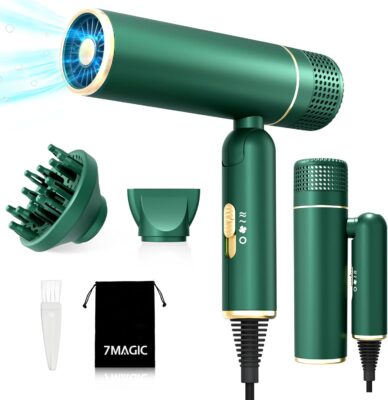 7MAGIC Travel Ionic Hair Dryer green with extra nozzles and yellow gold rim and buttons on white background