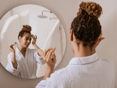 Woman applying skincare in mirror
