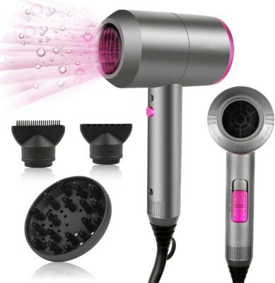 HappyGoo Hair Dryer grey black with pink buttons and rim on white background