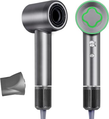 IMMOSO Ionic Hair dryer grey slate on white background with green rimmed nozzle